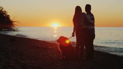 Paar-Und-Hund-Beobachten-Den-Sonnenuntergang-An-Einem-See