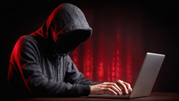 Una figura losca con una felpa con cappuccio impegnata a lavorare al computer illuminato da una luce rossa: esplorazione dei temi della sicurezza informatica e del mistero nell'era digitale