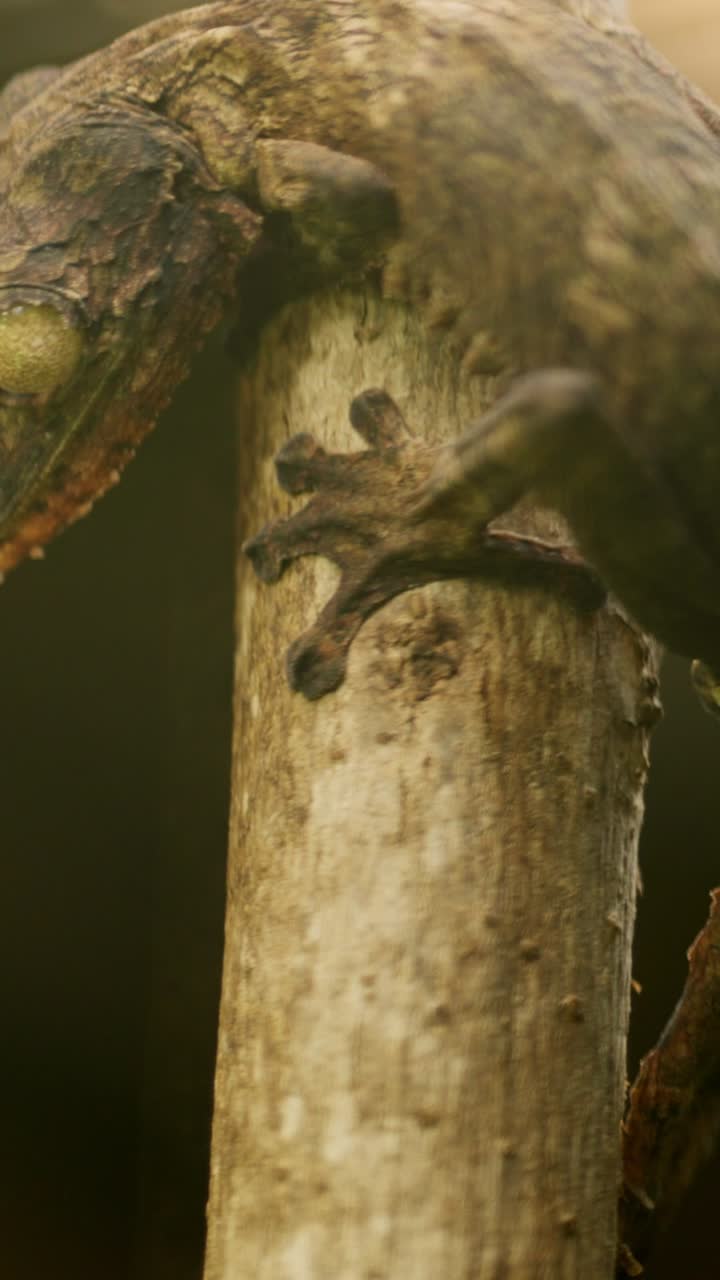 Flat tailed gecko climbing on branch in rainforest habitat