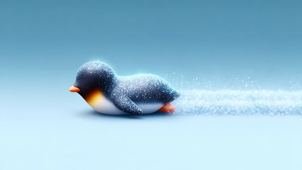 A whimsical animated penguin slides gracefully over a soft, snowy surface, leaving a captivating trail of glistening snowflakes behind as it glides across a serene background