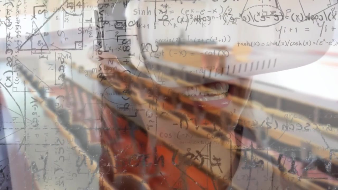 Animasi persamaan matematika di atas wanita yang menggunakan headset VR.