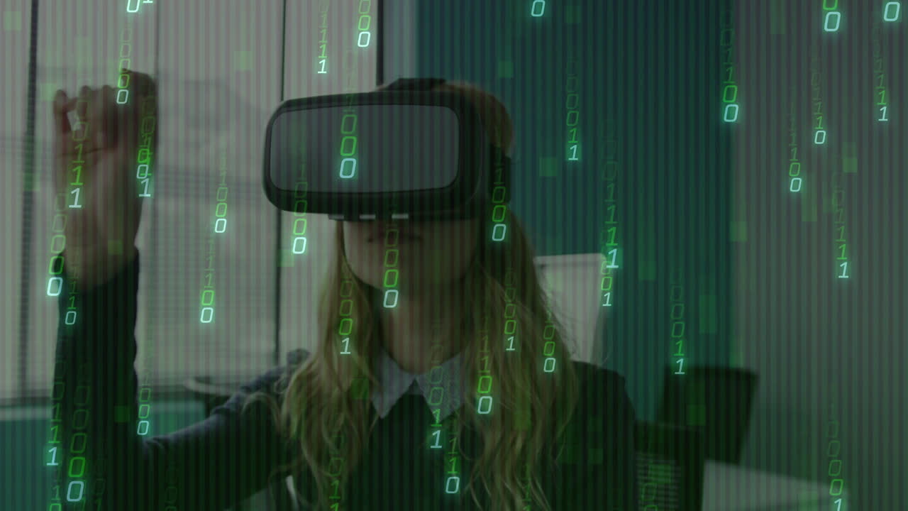 Woman using VR headset with digital binary code animation overlay