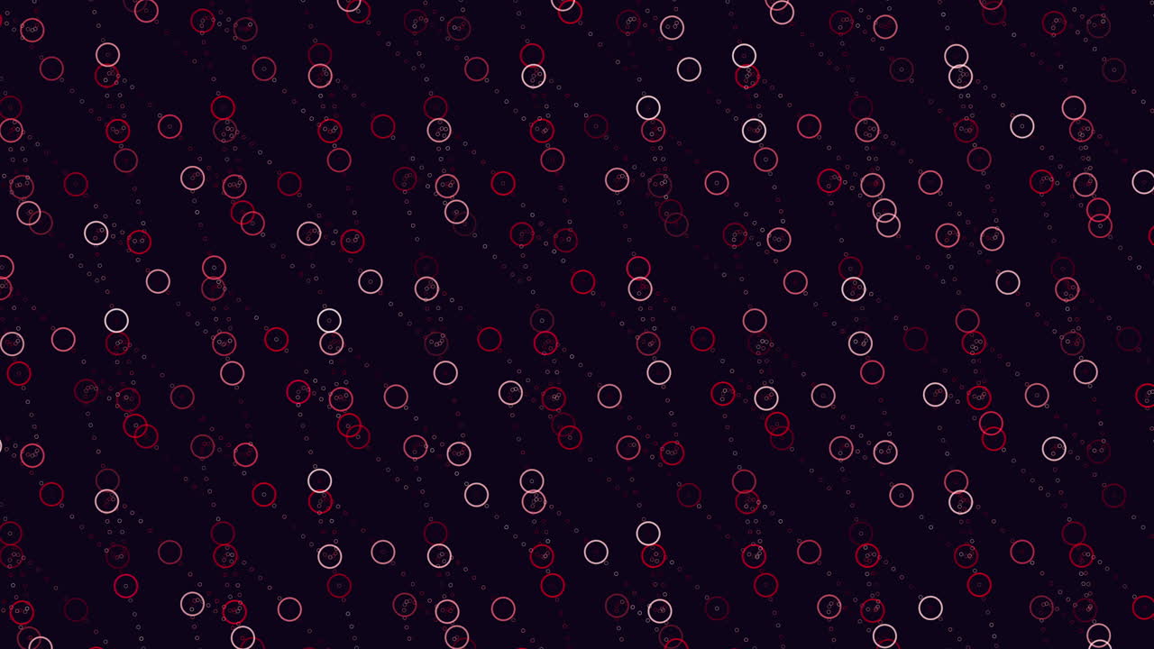 Seamless abstract footage of red and white circular nodes moving diagonally on a dark background, suggesting digital data flow, networking, blockchain connections and futuristic technology visuals