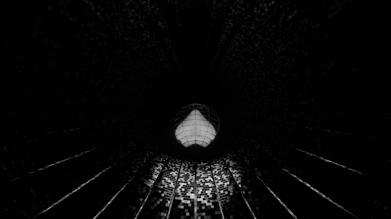 VJ Loop - 3D White Heart Rolling Along a Reflective Digital Tunnel Surface With Lines Disappearing into the Darkness