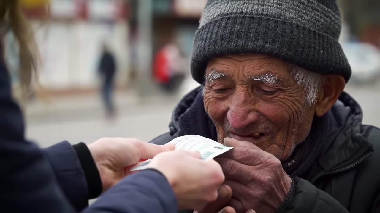 A kind interaction unfolds in a bustling urban area as an elderly man receives assistance from a stranger. His smile and gratitude highlight the importance of compassion in daily life.