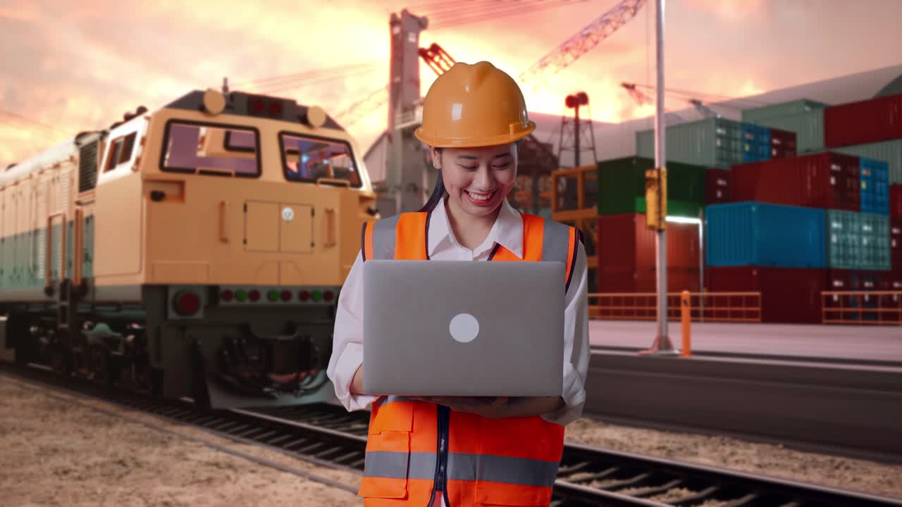 Asian Female Engineer With Safety Helmet Working On A Laptop With Freight Cargo Train At Port
