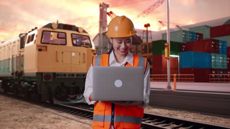 asian female engineer with safety helmet working on a laptop with freight cargo train at port