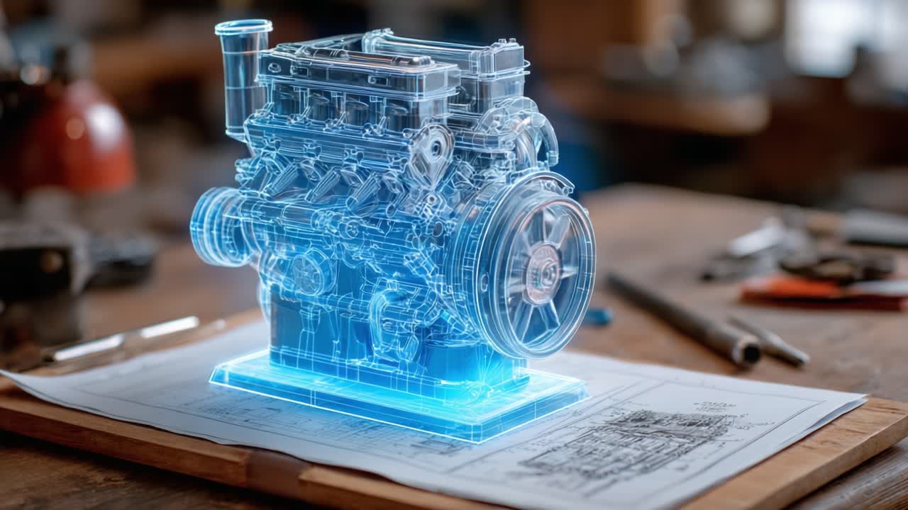 3D Rendered Engine Model on Blueprint: A Detailed Visualization of Mechanical Engineering and Design Integration Showcasing Advanced Technology and Innovation