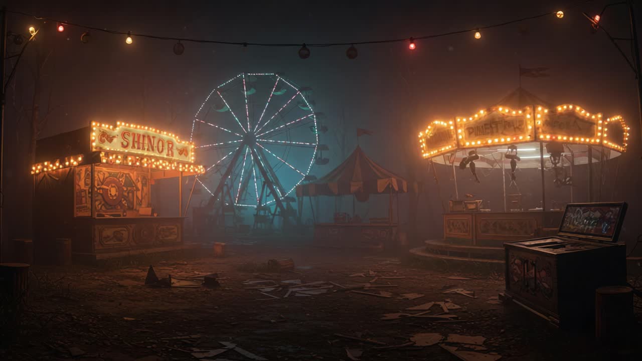 A Hauntingly Atmospheric Abandoned Carnival at Dusk, Featuring a Spooky Ferris Wheel, Eerie Lights, and Deserted Carnival Rides in a Foggy Setting