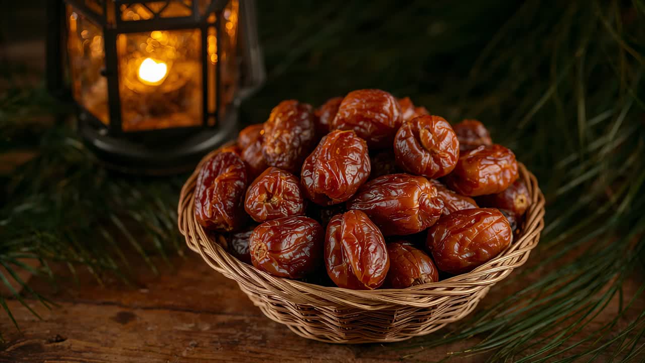 Shots pulling camera on woven basket of glossy dates on table lantern flickering showing texture