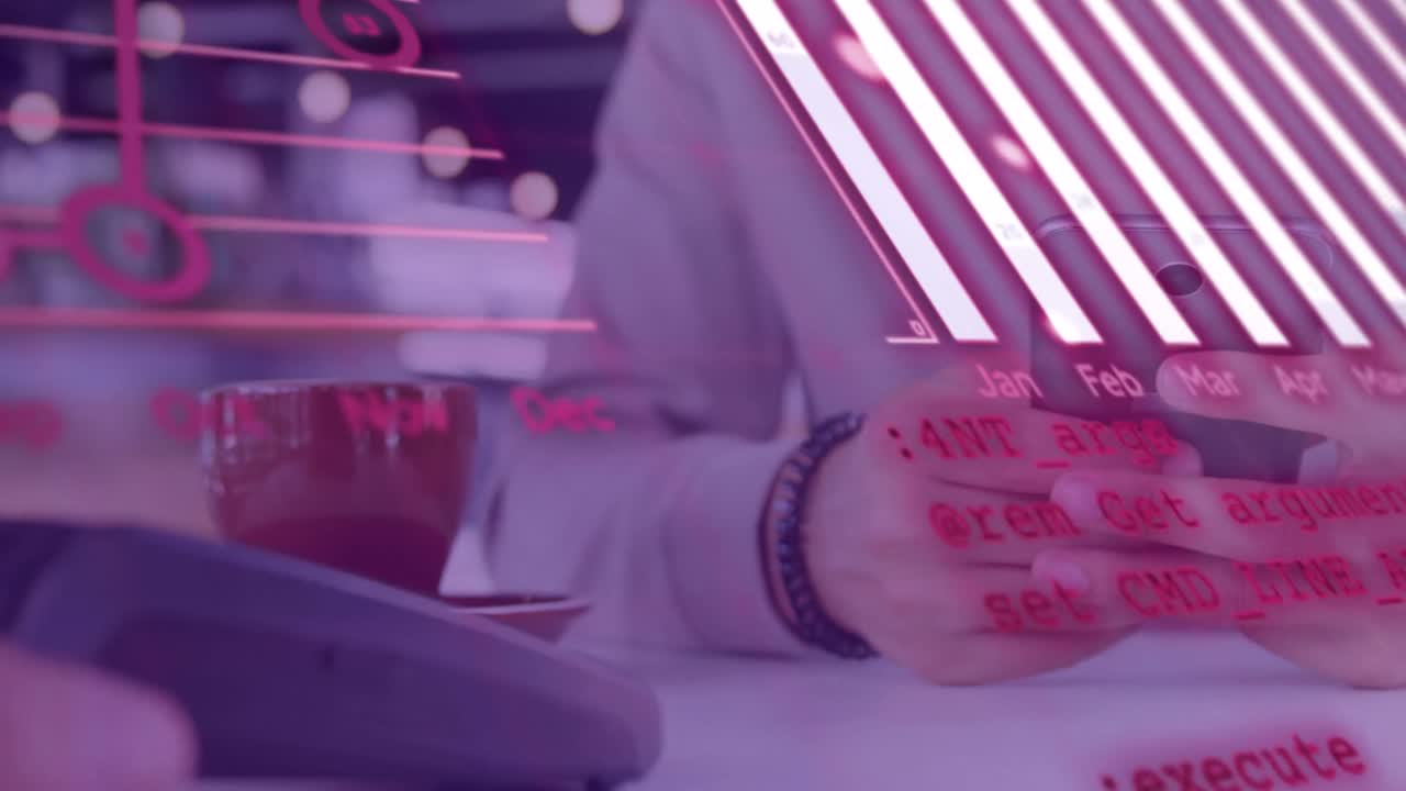 스마트 폰으로 지불하는 다양한 사람들의 그래프로 데이터 처리의 애니메이션