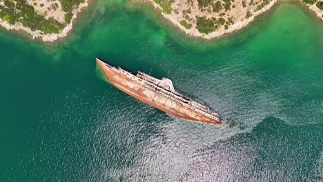 dynamic drone pan capturing the sunlit wreck of the mediterranean sky in piraeus under bright blue greek skies.
