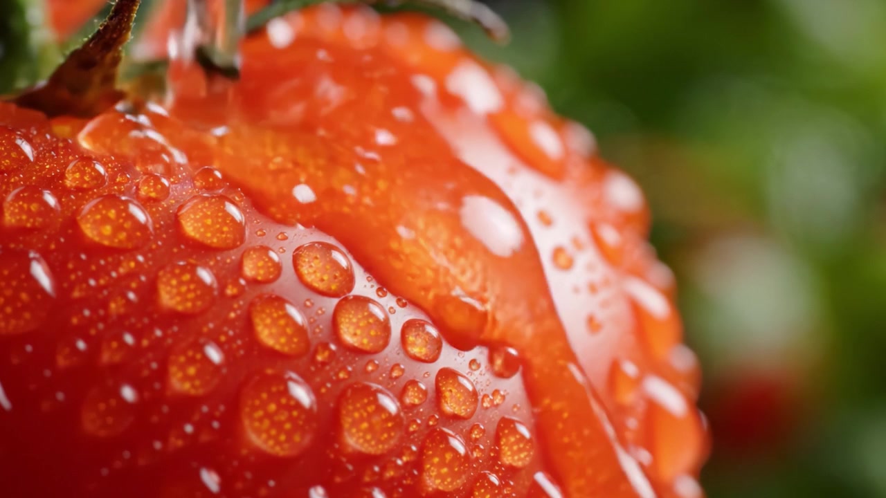 Primo piano di un pomodoro fresco adornato con goccioline d'acqua, che ne evidenzia il colore vibrante e la texture naturale, su uno sfondo verde lussureggiante.