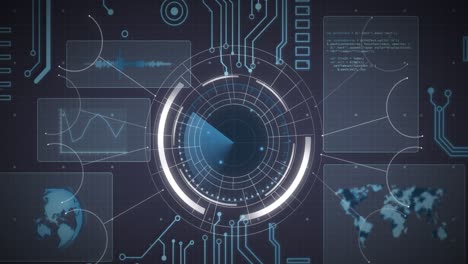 animation of data processing, globe and world map over scope scanning