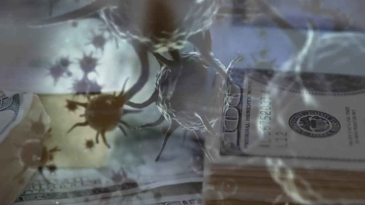 데이터 기록 위에 떠다니는 거대한 코로나19 세포의 애니메이션, 통계를 보여줍니다.