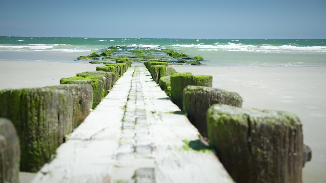 el camino conduce a las vibrantes rocas verdes de musgo en la playa