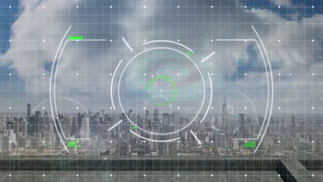 animation of scope scanning over grid network against aerial view of cityscape