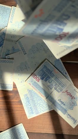 throw dollar banknote in iran rial on wooden table shadow bundle money wasting hurl fling forceful currency compare 100 usd bill versus financial fall inflation economy finance investment sell wealth