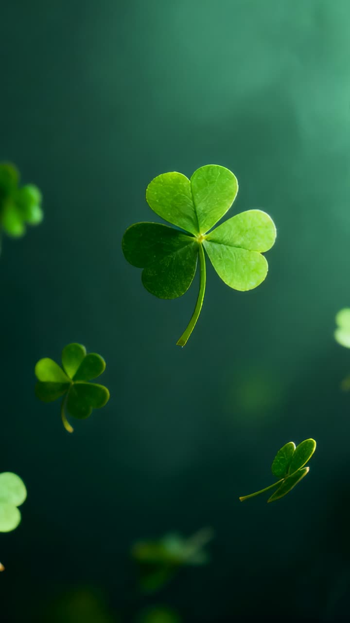 Vertical video: Drifting four-leaf clover turning down from subtle motion in macro, with stem bokeh