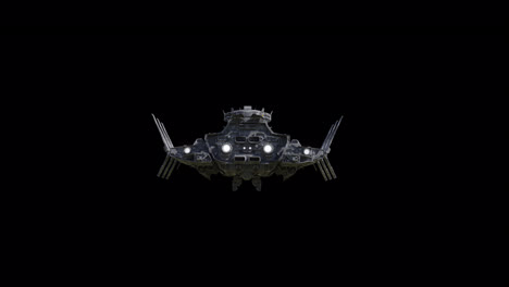 giant spaceship flying straight, back side view, black background suitable for overlay with alpha channel matte blending option, seamless integration into various sci-fi concepts and scenes