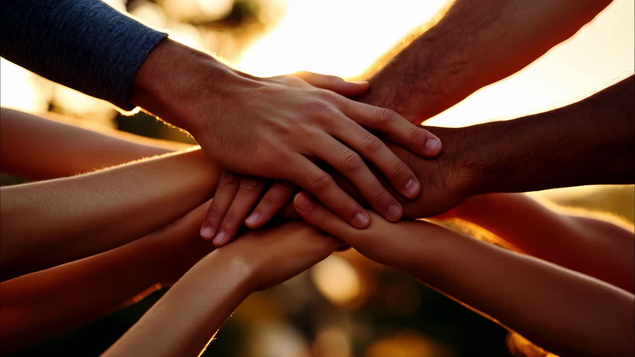 A close-up, low-angle shot of diverse hands stacked together, symbolizing unity and teamwork