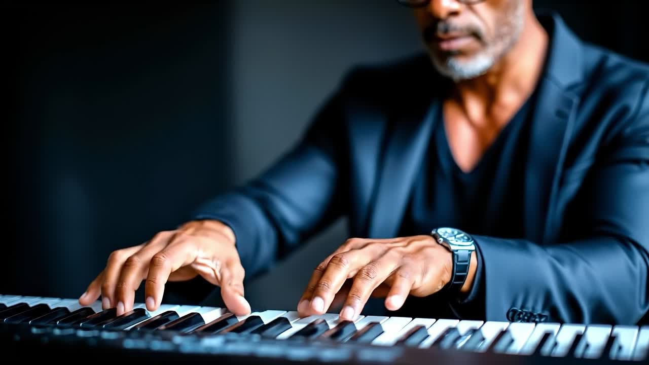 A man in a suit and sunglasses playing a piano