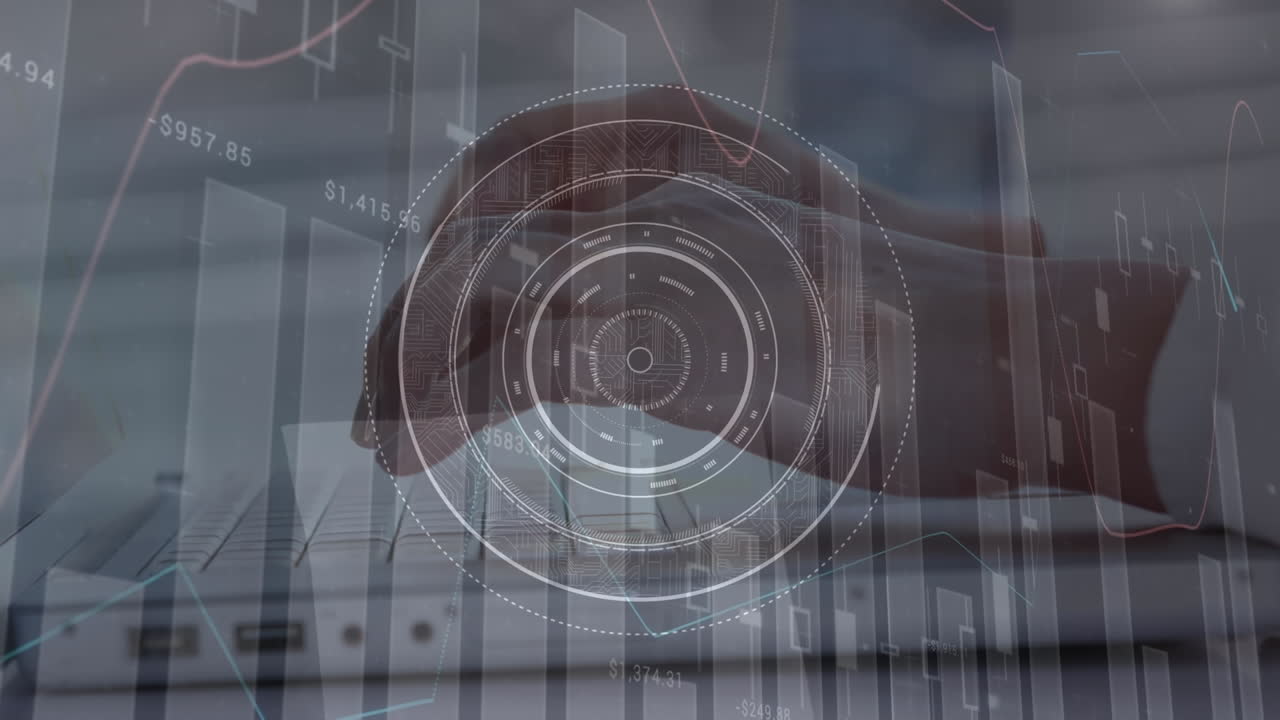 animación de diversos gráficos sobre las manos de una mujer caucásica usando una computadora portátil