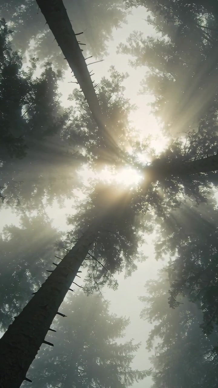 Vertical video: Shifting beams from sun lighting fir tops in woods, lower left trunk misty