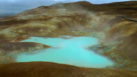 Boiling-and-smoking,-cyan-lake---blue-lagoon-in-Krafla-Geothermal-Area-in-Iceland