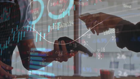 animation of data processing over mid section of a woman using smartphone to make a payment