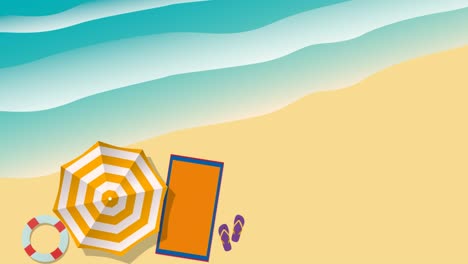 fondo de verano animado. playa y mar con paraguas y olas de mar, vista aérea de una playa en diseño plano. imágenes de bucle