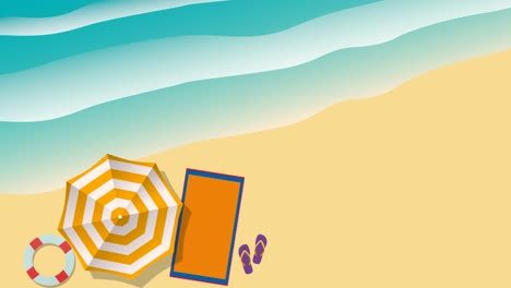 animated summer background. beach and sea with umbrella and waves of sea,  aerial view of a beach in flat design. loop footage