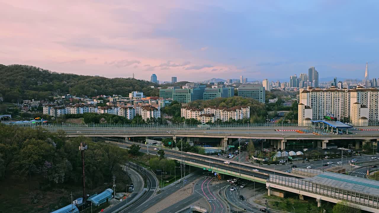 Seoul Scenic Panoramic Aerial View at Sunset of Seocho-gu Umyeon Tunnel Entrance with Urban Cityscape
