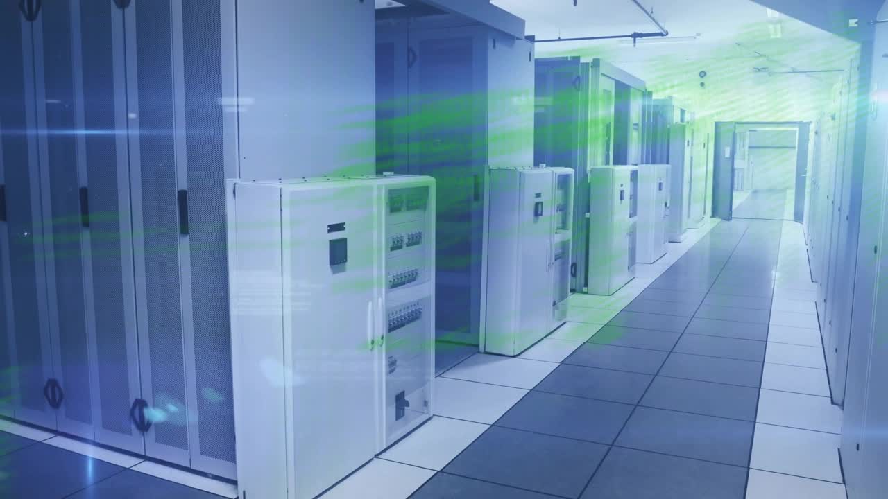 Camera gliding down server corridor with green code streams growing then fading toward exit