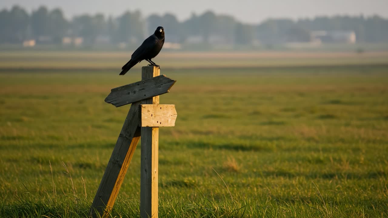 A solitary crow perched atop a wooden signpost, surveying the tranquil landscape as the morning sun casts a warm glow over the vast green fields and distant trees
