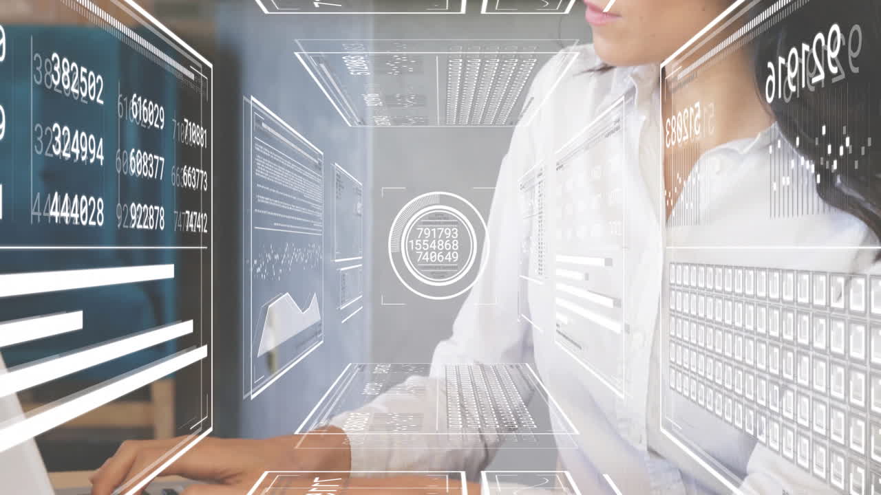 animación del procesamiento de datos financieros sobre una mujer de negocios caucásica usando una computadora portátil.