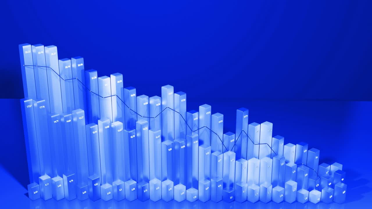 Abstract infographics. Crisis, stagnation and recession concept. Downgrade graph from columns. Economic loop background with copy-space in 4k. Beautiful 3d bars as chart of statistic data in blue.