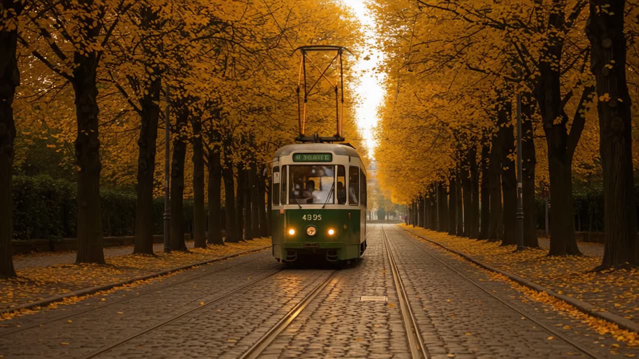 A Scenic Autumn Tram Journey Through Golden Foliage: Capturing the Beauty of Fall Along a Tree-Lined Pathway with Vibrant Yellow Leaves