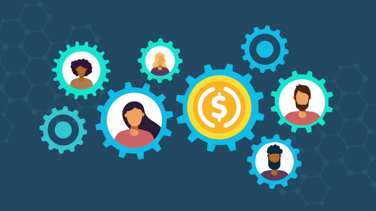 trabajo en equipo y creación de equipos con monedas y engranajes de usd