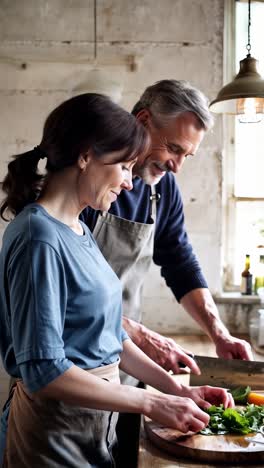couple enjoying time cooking in their home kitchen.