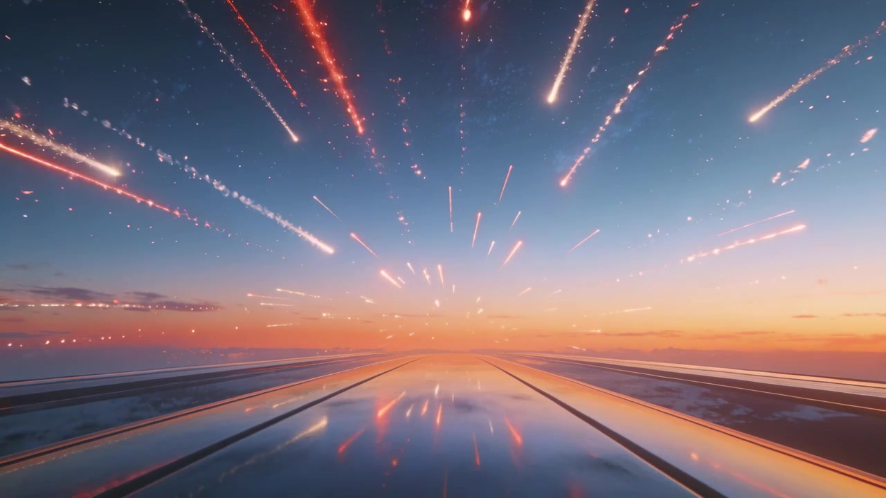 Strisce di luce convergenti simili a meteore che si intensificano verso l'orizzonte al tramonto, riflettendosi su una pista lucida