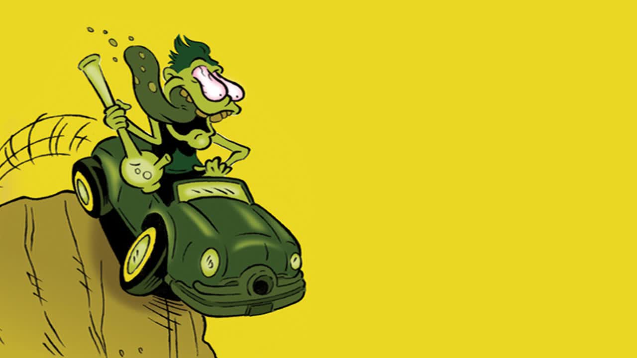 drogadicto loco conduciendo sobre un acantilado animación dibujada a mano al estilo de los años 60