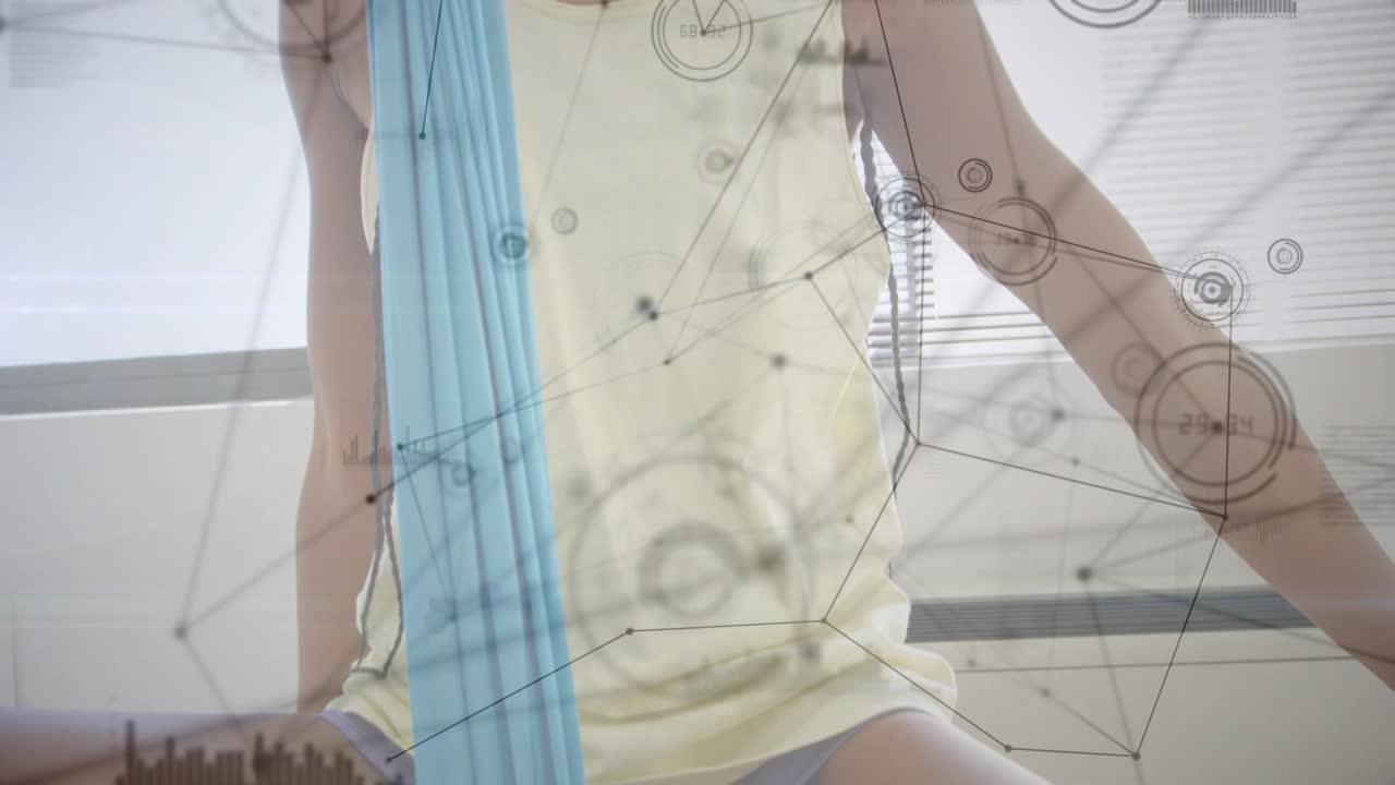 Woman adjusting aerial silk grip, pulling seated to standing while fitness HUD shifting over frame