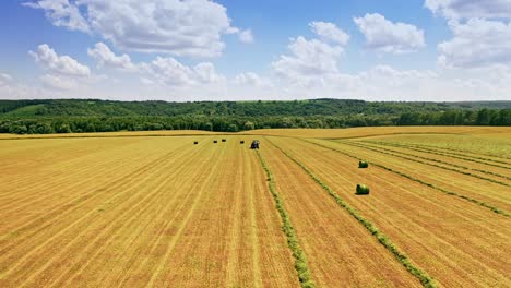 aerial view on the natural field background at hay harvesting. tractor is pressing dry grass into bales under beautiful sky in summer time.