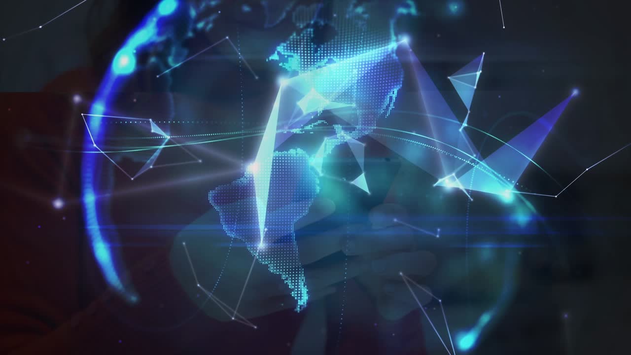Animation of connections and globe over hands of caucasian man using smartphone