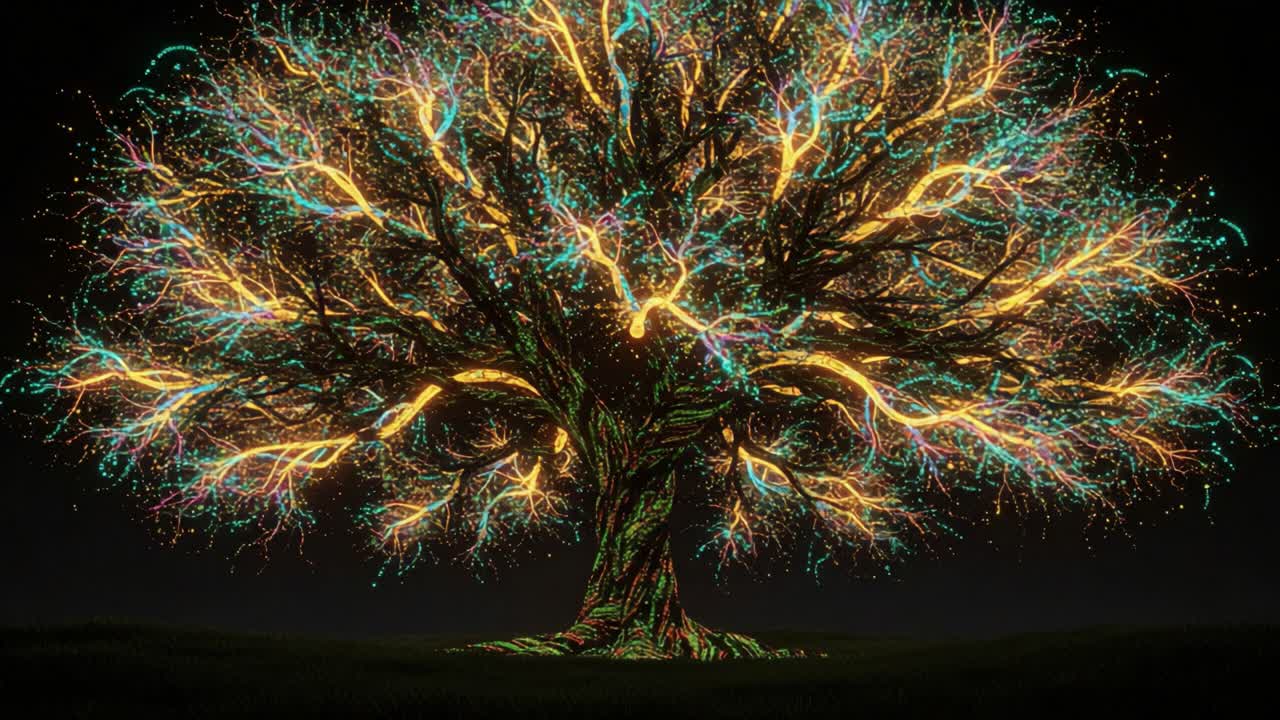 A Stunning Visualization of a Radiant Tree Illuminated with Colorful Light Trails, Symbolizing Growth, Nature, and the Connection Between Life and Energy