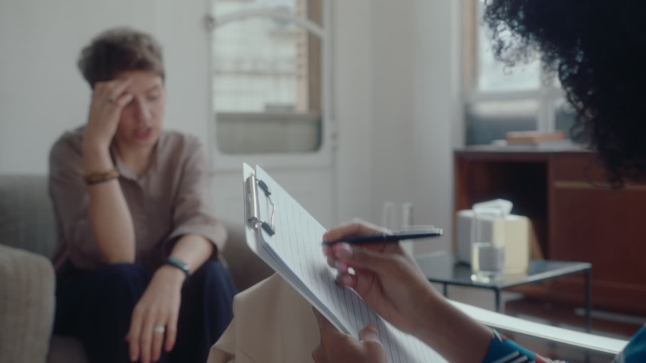 Psychologist Writing Down Notes on Clipboard during Therapy Session