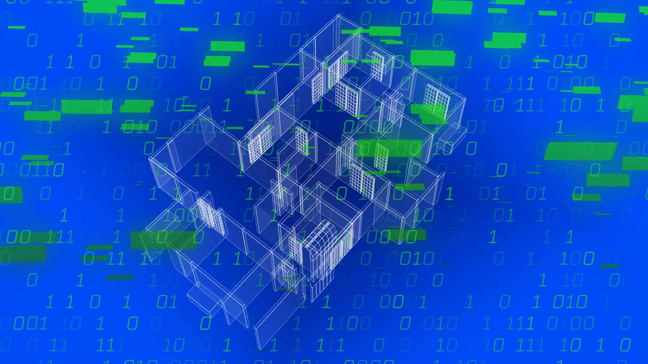 Digital Wireframe Model of a House with Binary Data Overlay