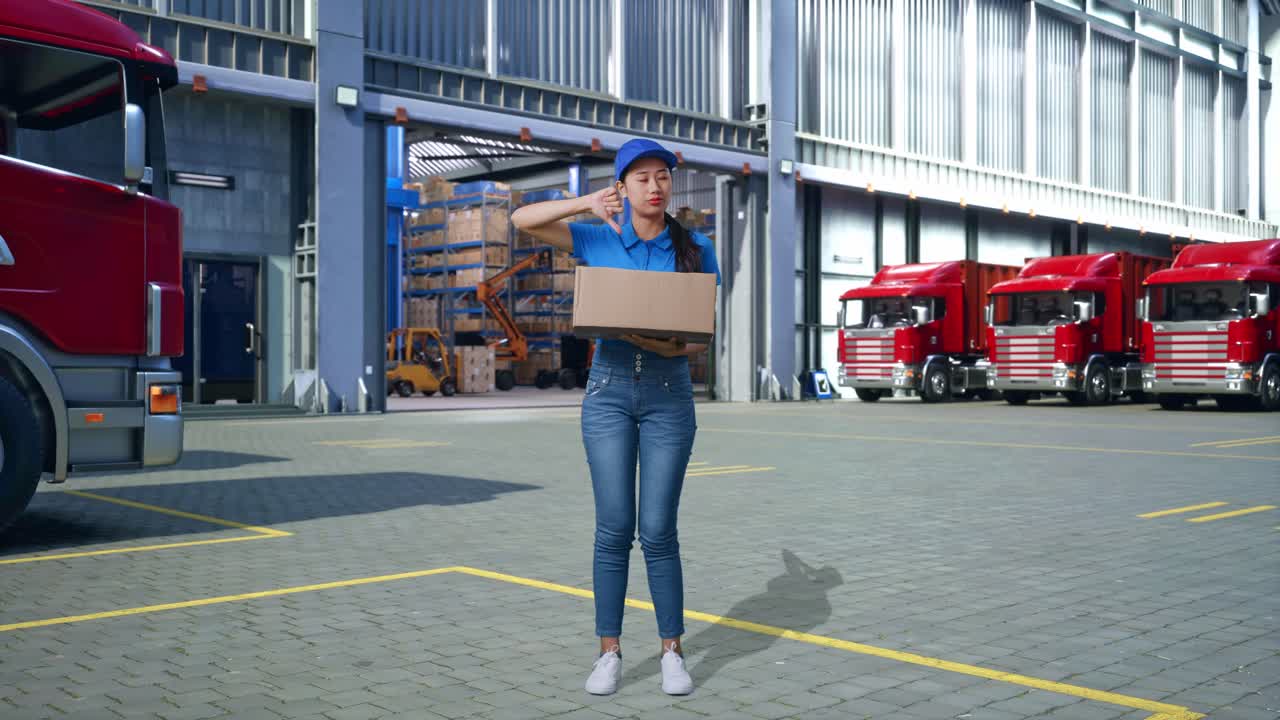 Full Body Of Unsatisfied Asian Female Courier In Blue Uniform Showing Thumbs Down Gesture While Delivering A Carton, Outside Warehouse