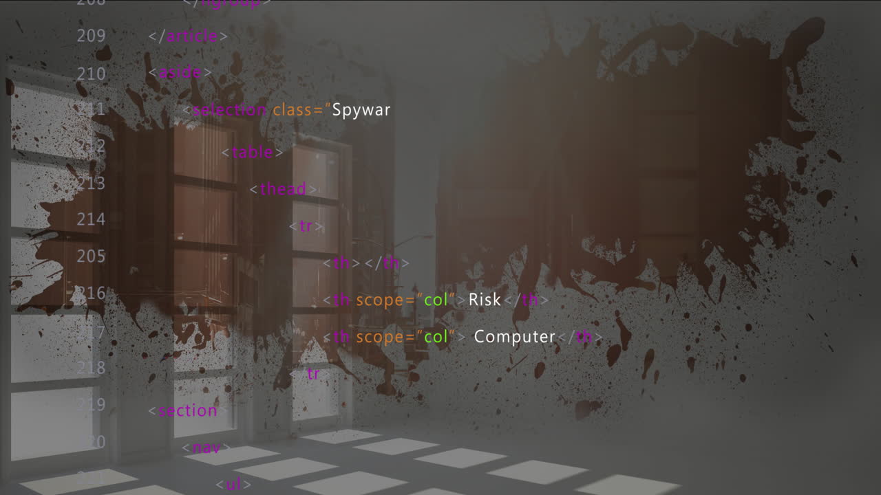 Animation of spyware text over computer code on dark splatter background